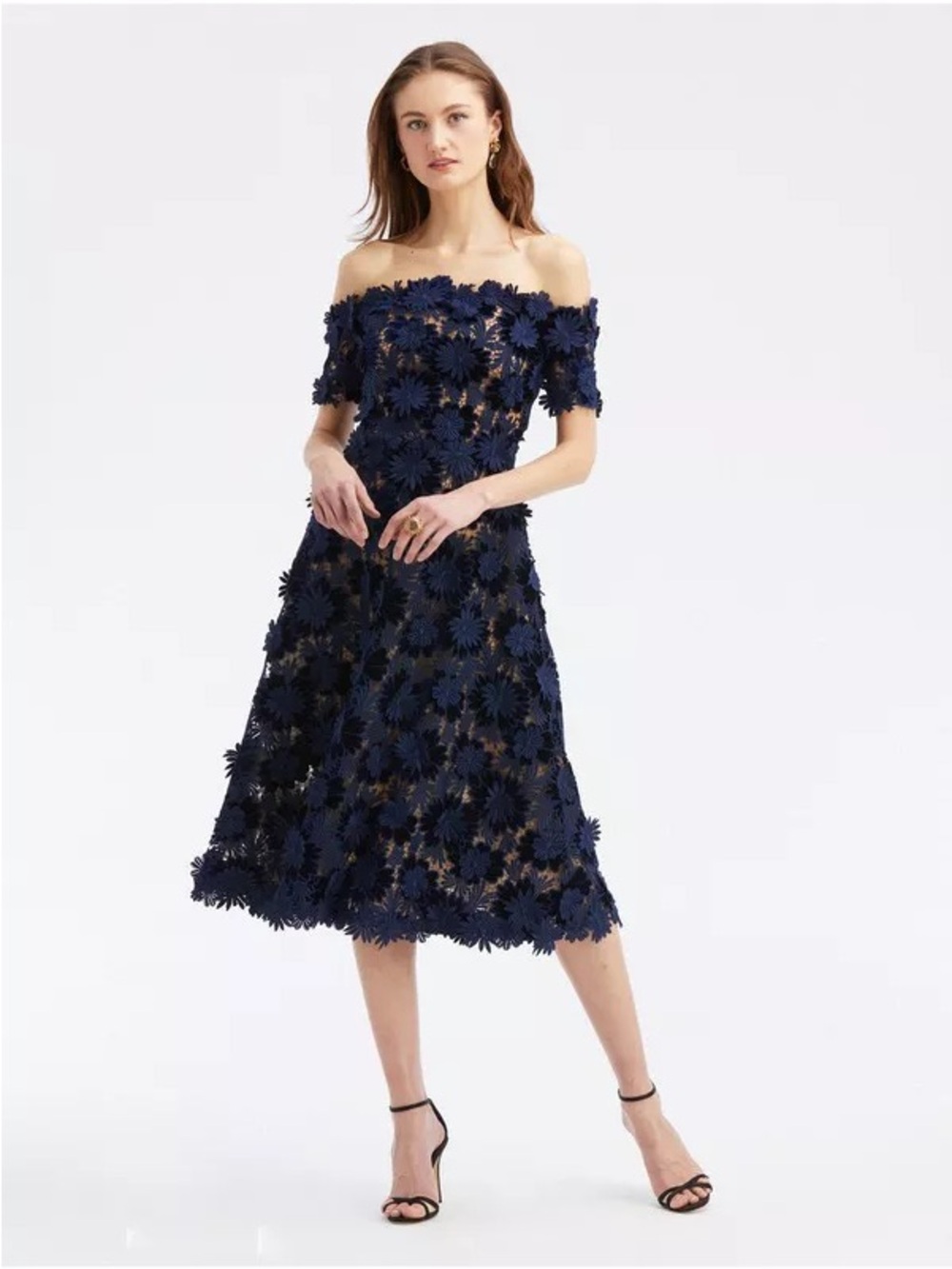 Oscar de la Renta Navy Off-Shoulder Floral Appliqué Midi Dress